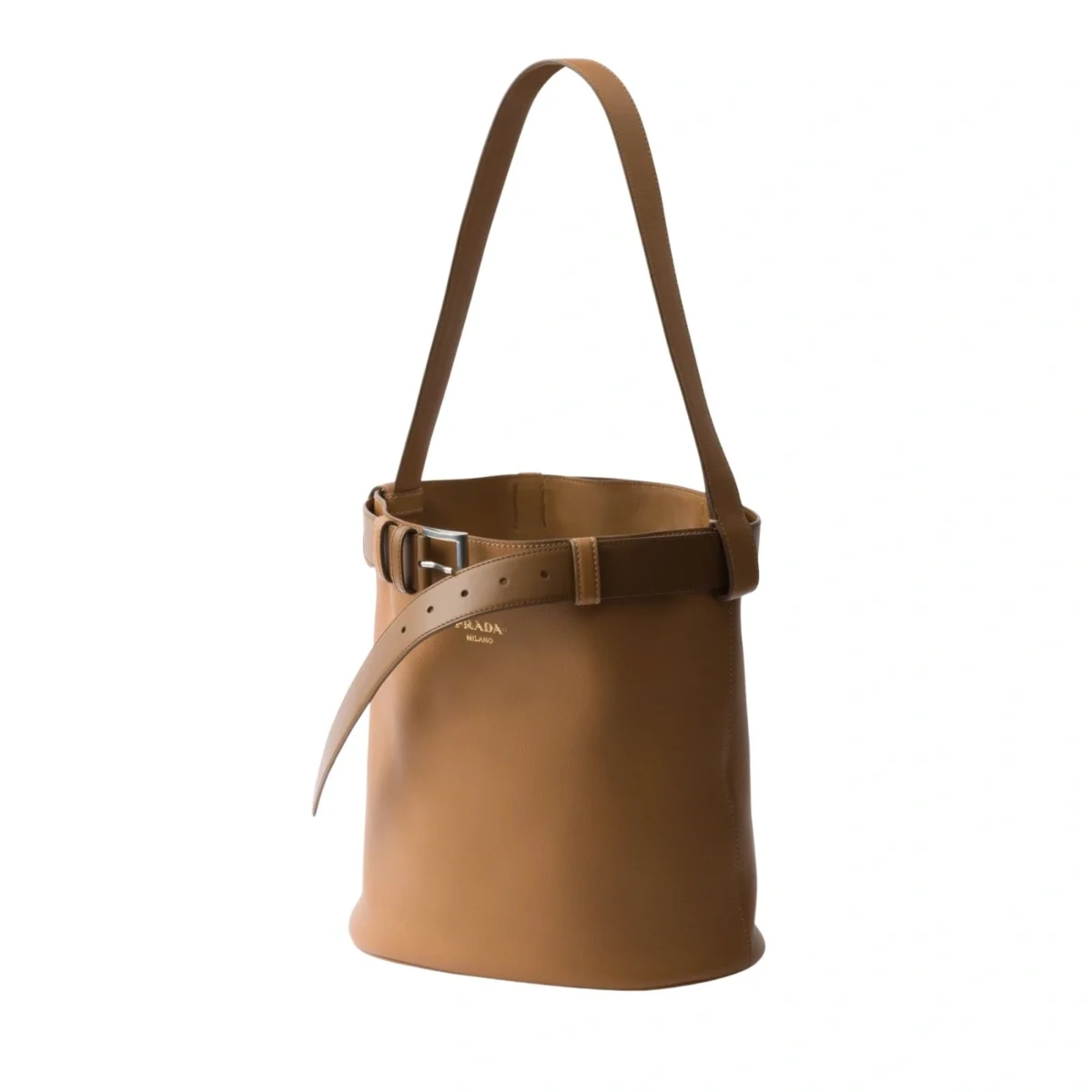 Prada Buckle leather bucket bag with belt Caramel