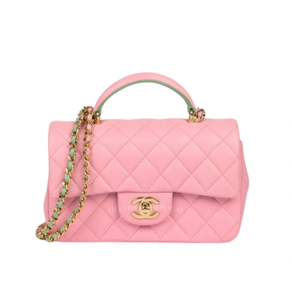 Pink & Green Quilted Lambskin Rectangular Mini Flap Bag with Top Handle – CHN-009